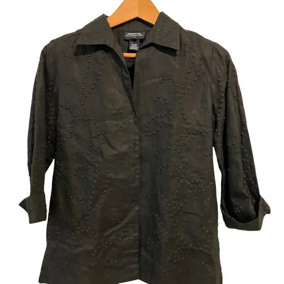 Jones New York Signature Black Linen Textured Shirt (Petite P/M) - Picture 1 of 9